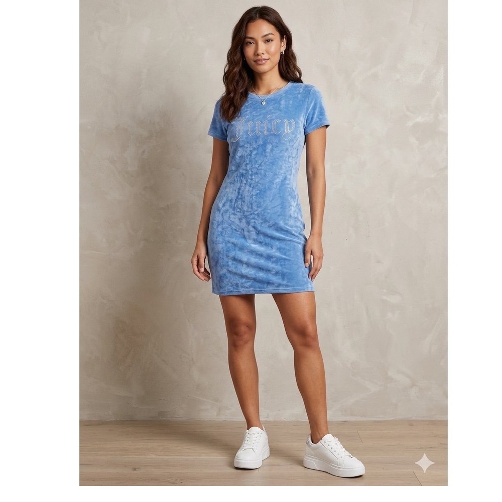 Juicy Couture Blue Velour Rhinestone Logo T-Shirt Mini Dress Large Minimalist